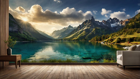 Beautiful mountain lake in the mountains at sunset. 3d renderingの写真素材