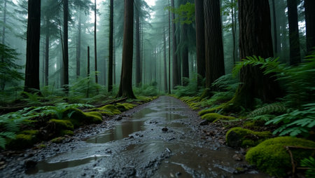 Dirt road through the redwood forest, California, USA.