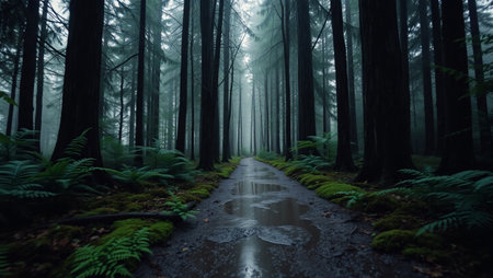 Dark foggy forest with wet asphalt road and green fernsの写真素材