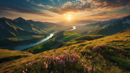 Sunset in the mountains. Panoramic view of the valley and the river.