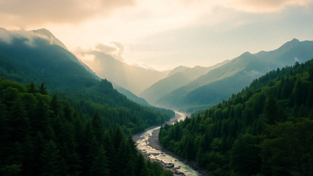 Mountain landscape with river and forest at sunset, Caucasus, Russiaの写真素材