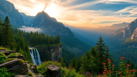 Waterfall in Yosemite national park, California, United States of Americaの写真素材