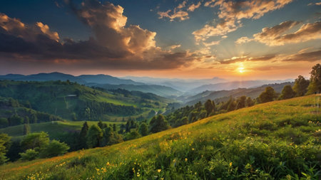 Beautiful sunset in the Carpathian mountains. Ukraine, Europe.