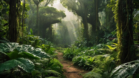 Tropical rainforest with sunbeams and fog in the morning