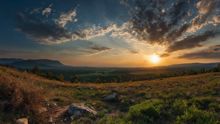 Sunset in the mountains. Beautiful summer landscape. Panorama.の写真素材