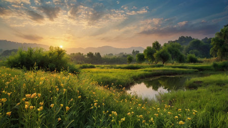 Sunset over the river and green meadow with yellow flowers.