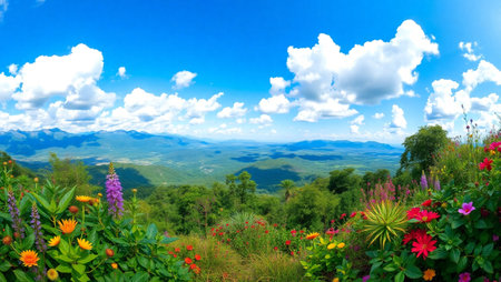 Beautiful landscape of mountains with flowers and blue sky in the morningの写真素材