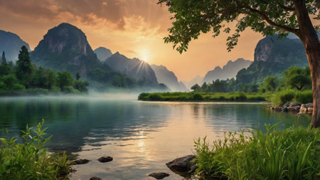 landscape scenery view of karst mountains and river at sunrise