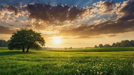 Beautiful summer landscape with green meadow and big tree at sunsetの写真素材