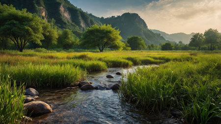 Landscape of the river and green grass in the morning, Thailand