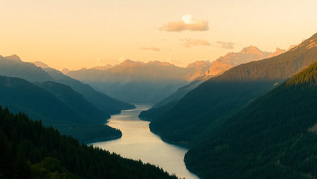Panoramic view of the lake in the mountains at sunset.の写真素材