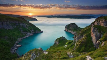 Panoramic view of the sea in the mountains at sunset.の写真素材