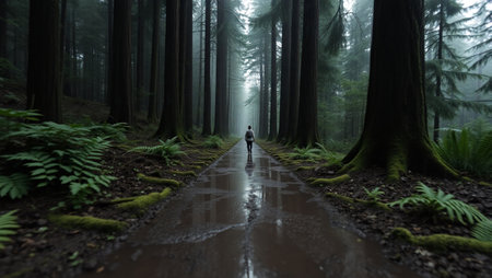 Woman walking in a foggy forest with a rain puddles