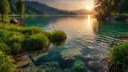 Panorama of beautiful mountain lake with clear water and green grass at sunset.の写真素材