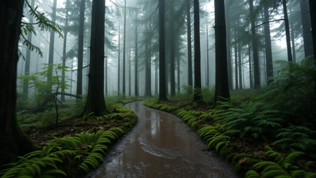 Path through the evergreen forest in a foggy, misty morning
