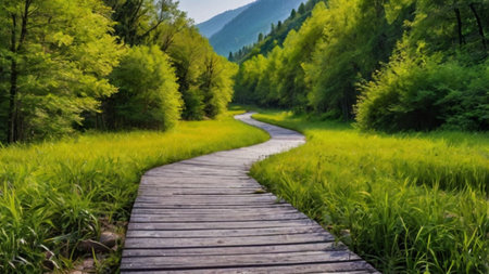 Landscape view of a wooden path in the middle of a green forestの写真素材