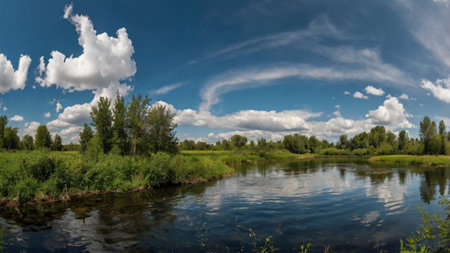 Summer landscape with river and blue sky with clouds. Panorama.の写真素材