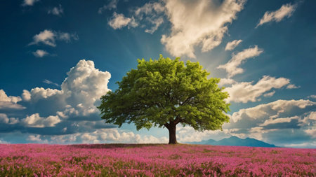 Lonely tree on pink flower meadow under blue sky with clouds