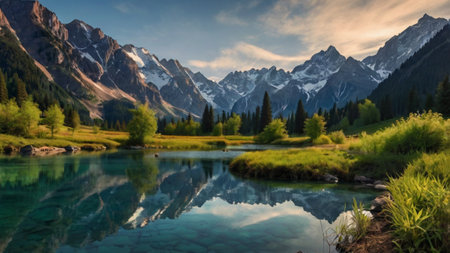 Panoramic view of alpine lake and mountains reflected in water