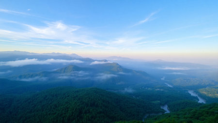 Panoramic view of the morning mist in the mountains. View from above.の写真素材