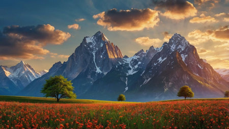 Majestic sunset over the meadow with poppies and mountains in backgroundの写真素材
