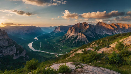 Panoramic view of the Dolomites in Italy during sunset