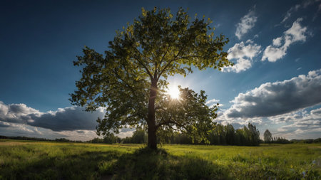 Beautiful summer landscape with a lonely tree on a sunny day.の写真素材