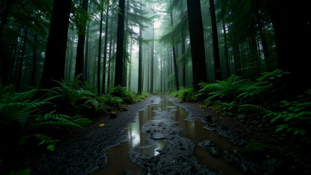 Foggy forest with a puddles of water and ferns