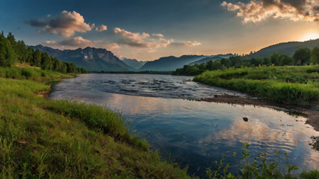 Sunset over the river in the Altai mountains, Russia.