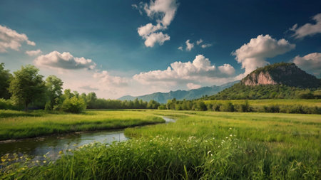 Beautiful summer landscape with mountain river and green meadow under blue skyの写真素材