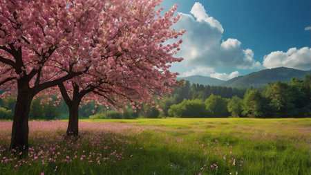 Beautiful pink cherry blossoms on the meadow with mountains in the background