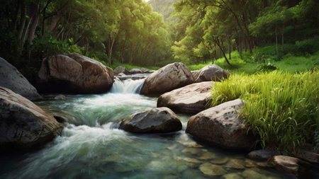 Mountain river in the forest with green grass and blue sky.