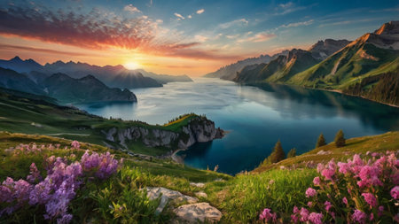 Fantastic panorama of Lake Lucerne at sunrise, Switzerlandの写真素材
