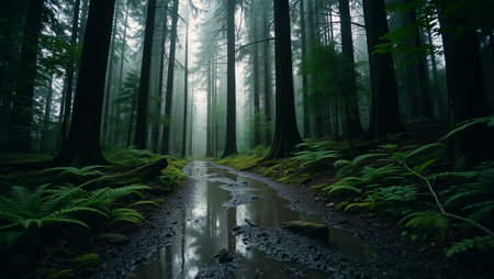 Dark forest with fog and a river in the foreground, natural background