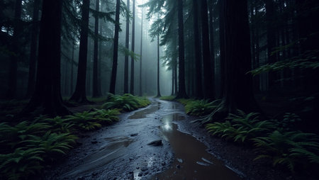 Dark foggy forest with a footpath in the middle, 3d renderの写真素材
