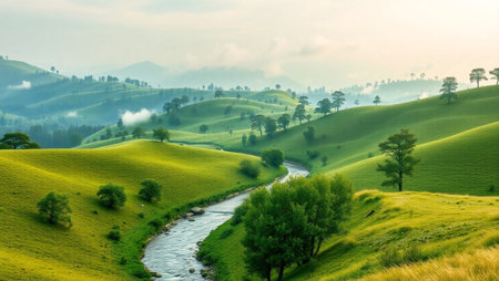 Landscape of green hills and small river in the morning at sunriseの写真素材