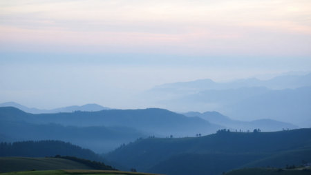 Mountain landscape in Tuscany, Italy, at sunrise.