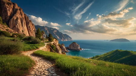 Panoramic view of the sea and mountains in Crimea, Ukraineの写真素材
