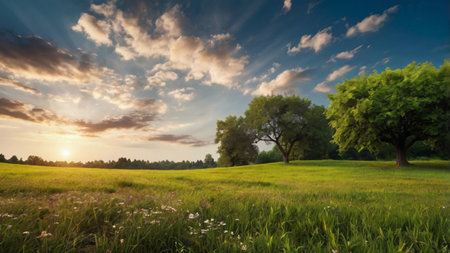 Green meadow under blue sky with clouds at sunset. Landscape.の写真素材