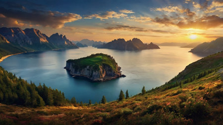 Fantastic panoramic view of the mountain lake. Dramatic sunset sky. Beauty world.の写真素材