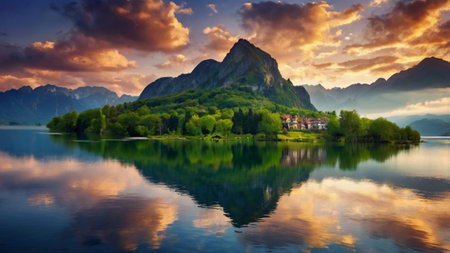 Lake Bled at sunset, Slovenia, Europe. Beauty world.