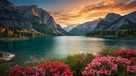 Mountain lake at sunset. Colorful summer landscape with flowers.の写真素材