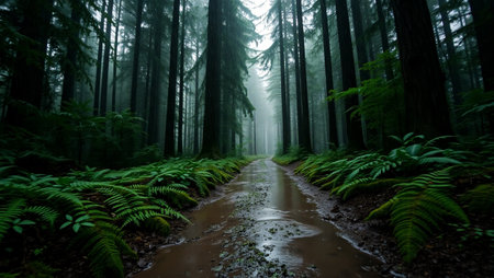 Foggy trail in the Redwood Forest, California, USAの写真素材