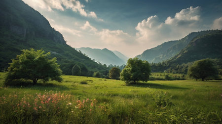 Beautiful summer landscape with green meadow and trees in the mountainsの写真素材