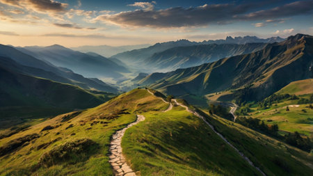 Panoramic view of the mountains in the evening.の写真素材