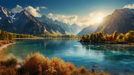 Sunset on the lake. Landscape with mountains, grass and flowers