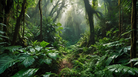 Dense forest with sunlight filtering through the trees