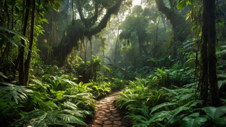 Pathway in the rainforest with green trees and fernsの写真素材