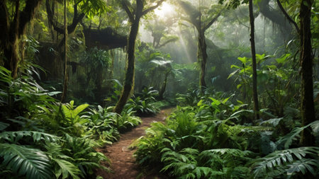 Tropical rainforest with sunrays passing through the trees.の写真素材
