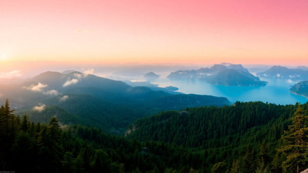 Beautiful mountain landscape with lake and forest at sunrise. Panorama